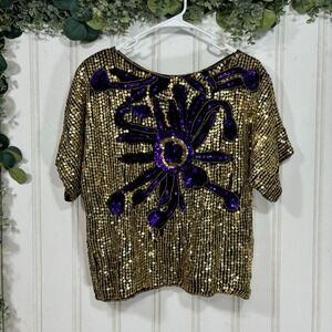 Vintage Sequin Top MEDIUM Gold Purple Beaded Party Retro 90s Festive Glam